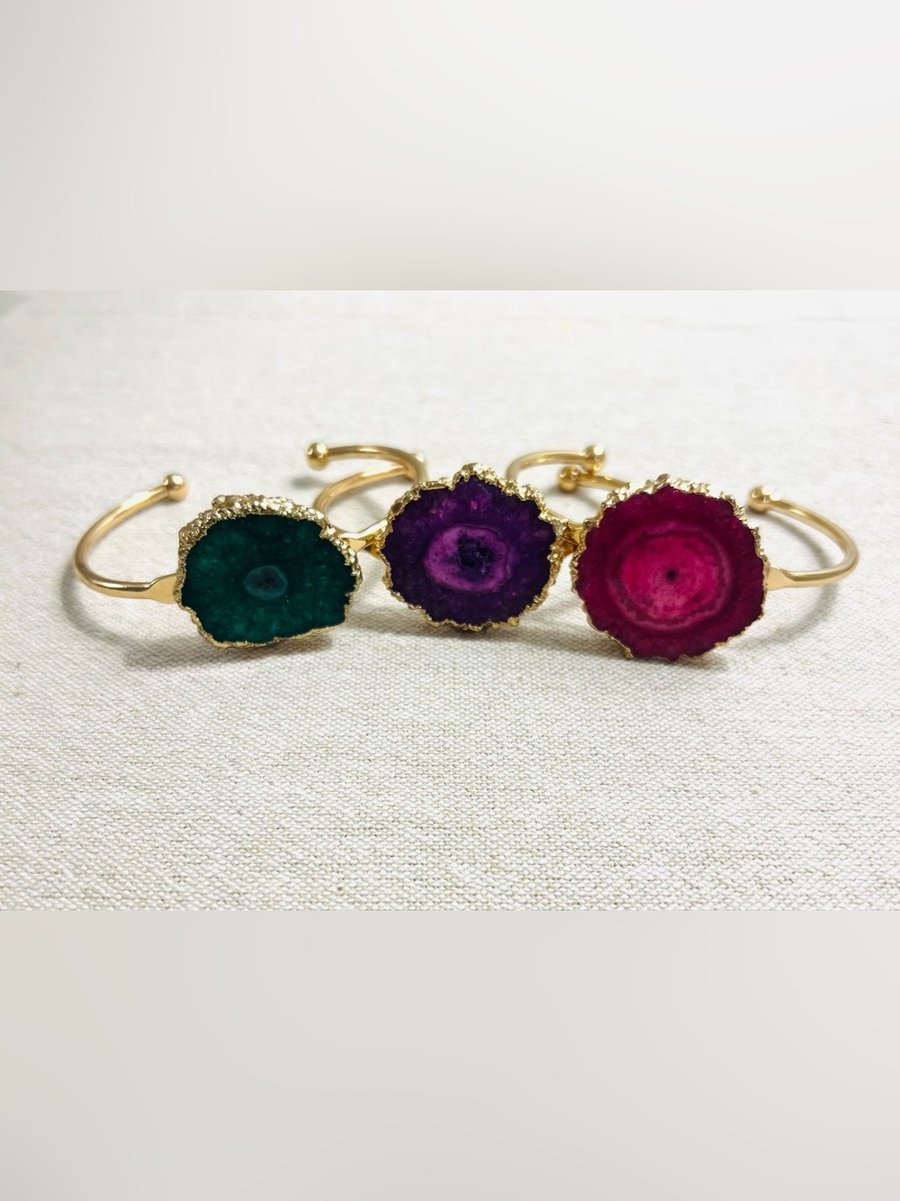 Gold Plated Cuff Bracelets with Purple, Fuchsia and Emerald Agate Discs